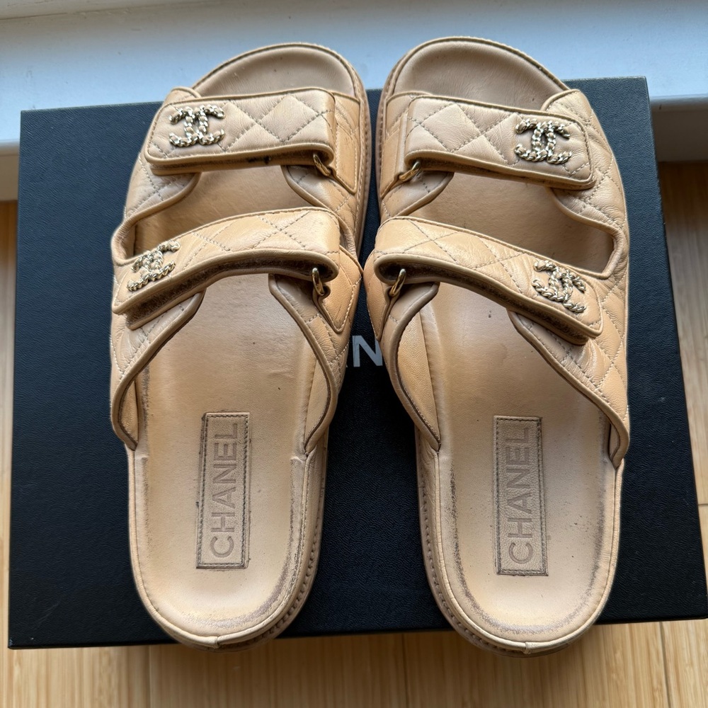 CHANEL Tan Quilted Sandals with Gold Accents